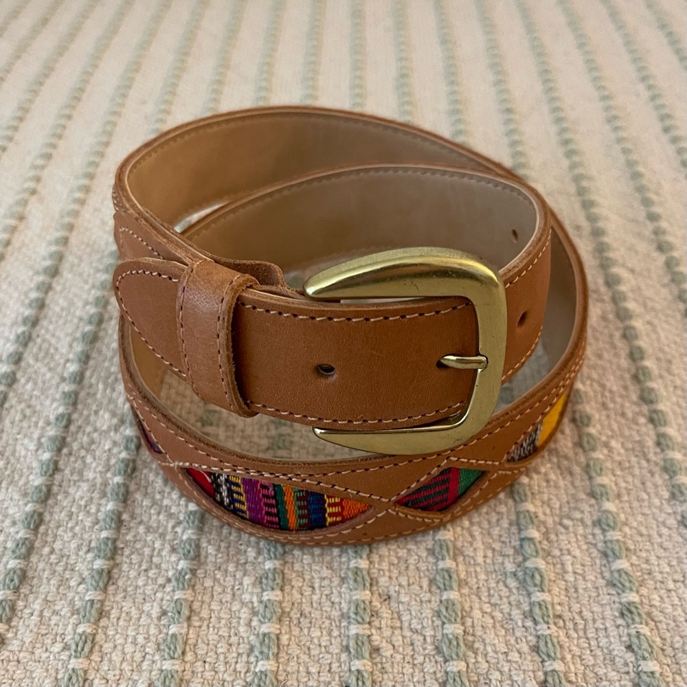 Western Brown Leather Belt with Colorful Pattern - Size: Small